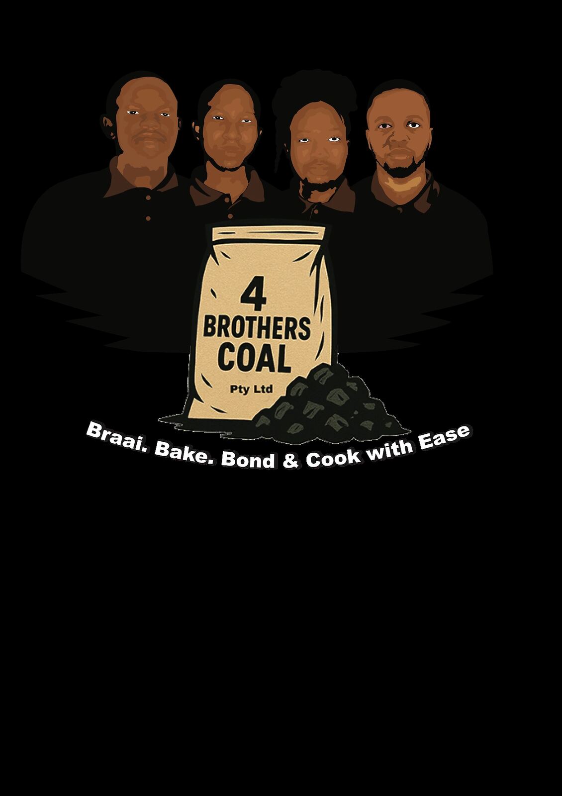 4 Brothers Coal original illustrated brand mark with the tagline Braai. Bake. Bond & Cook with Ease